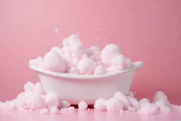 Obraz na płótnie Canvas Classic white bathtub with soap foam and bubbles isolated on flat pastel pink background with copy space. Generative AI professional photo imitation. Minimal idea.