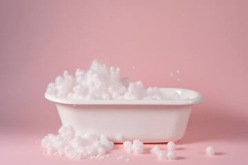 Obraz na płótnie Canvas Cute Classic white bathtub with soap foam and bubbles isolated on flat pastel pink background with copy space. Generative AI professional photo imitation.