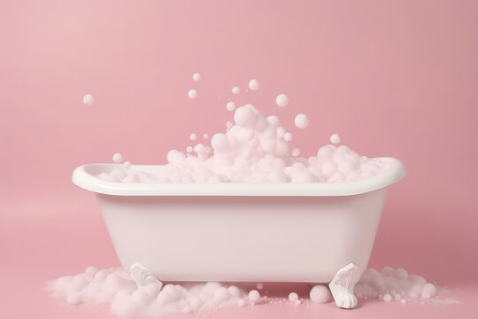 Classic white bathtub with soap foam and bubbles isolated on flat pastel pink background with copy space. Generative AI professional photo imitation. Minimal concept.