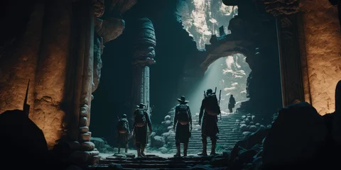 Foto op Canvas Close up movie still of a group of explorers finding ancient abandoned temple inside a huge cavern. Generative AI AIG16. © Summit Art Creations