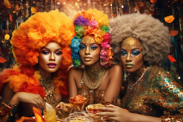  Vibrant Festivity: Close-Up of Three Stunning Latin American Women in Colorful Headdresses and Carnival Costumes, Amidst Diamond Dust Glitter and Confetti at a Table. Generative AI