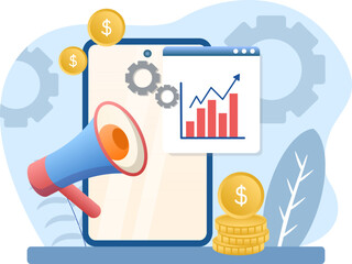 Marketing management illustration. Loudspeaker, gear, coin, chart, arrow. Editable vector graphic design.