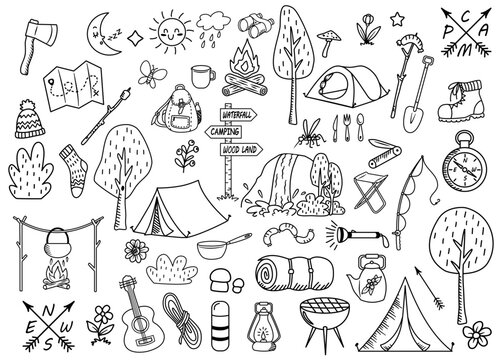 Set of camping doodle elements. Outline vector designs.