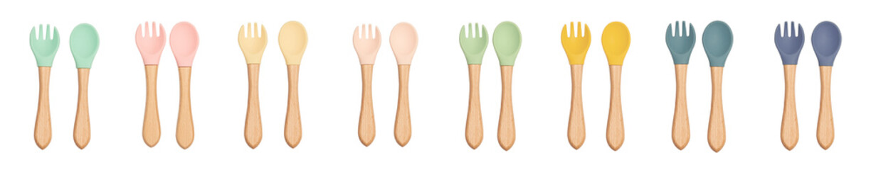 Children's cutlery fork and spoon of different colors made of silicone on a white background