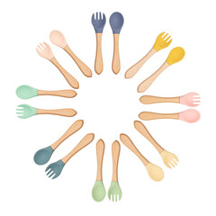 Children's cutlery fork and spoon of different colors made of silicone on a white background