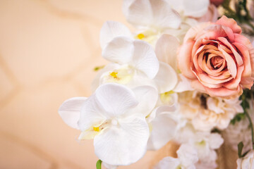 Fototapeta na wymiar Wedding festive floral coral background, copy space.