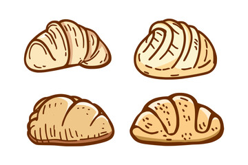 set of doodle pastry illustrations on isolated background