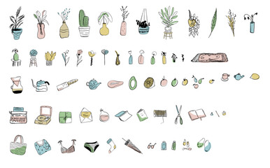 home plants cactus pot planter decor vector leaf flower element set