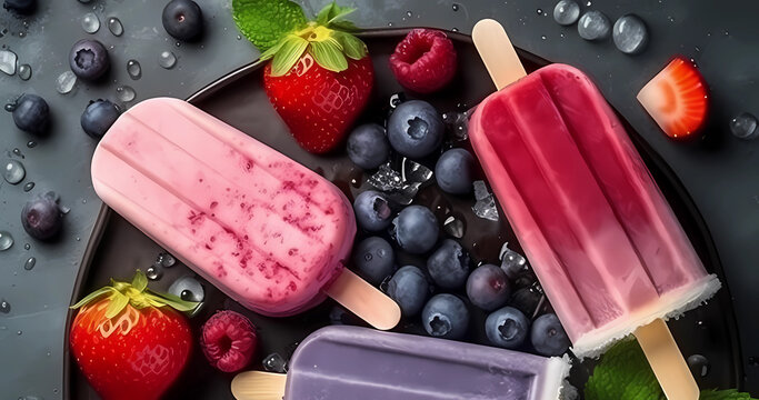 Popsicles with fresh berries background