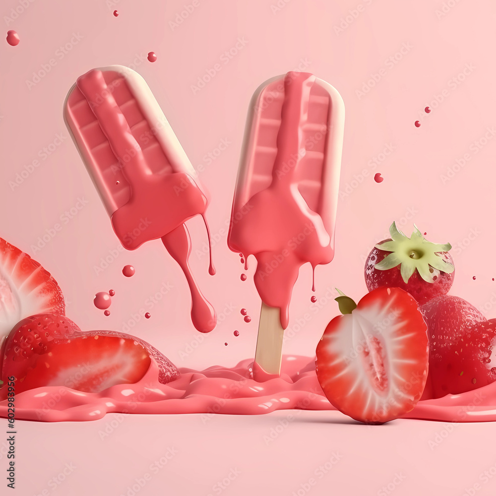 Wall mural colorful tasty cold popsicles with strawberry for dessert backdrop