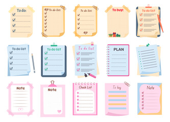 Set of cute memo paper sheets, sticky note, reminder, to do list, to buy list, schedule. Templates for notebooks, planners.