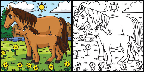 Mother Horse and Foal Coloring Page Illustration