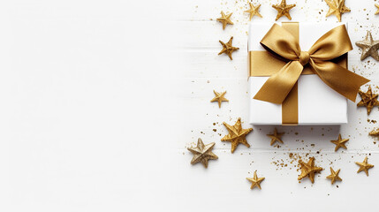 Mockup Christmas greeting card top view and gold star, flatlay on a white wooden background with a ribbon and gift box, with place for your text.