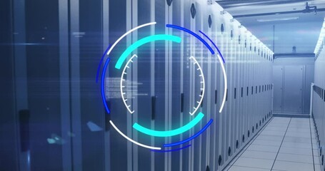 Animation of neon round scanner, light spots and data processing against computer server room - Powered by Adobe