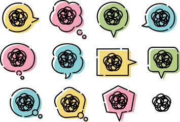 Set of colorful hand-drawn speech bubbles with dizzy signs for a comic design, vector illustration.