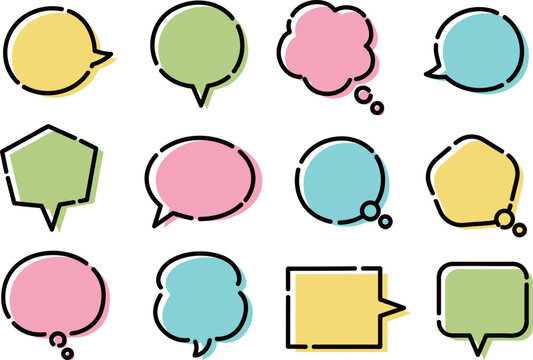 Set of pastel speech bubbles in various colors and shapes, vector illustration.