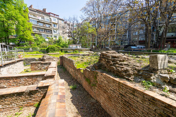 archaeological ruins of the old fortified walls in Sofia, Bulgaria - obrazy, fototapety, plakaty