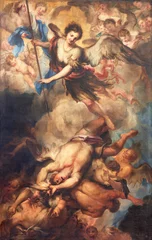 Foto op Plexiglas GENOVA, ITALY - MARCH 5, 2023: The painting of St. Michael archangel in the church Basilica di Santa Maria delle Vigne by Gregorio de Ferrari (1647 - 1726). © Renáta Sedmáková