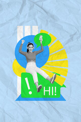 Vertical collage image of black white gamma girl raise fists celebrate listen music earphones hold...