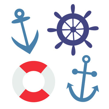 Set of anchor, lifebuoy, rudder vector illustration in cute flat design.