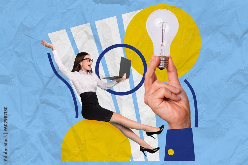 Poster creative abstract template graphics collage image of funny happy lady having great earning money ide