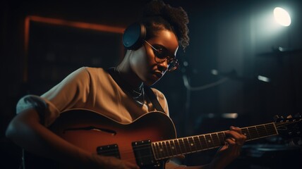 Musician Female African-American Young Adult Playing guitar in Recording studio. Generative AI AIG22. - obrazy, fototapety, plakaty