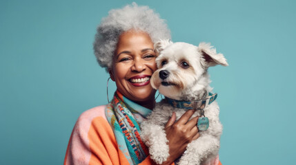 A joyful afro senior woman dressed in colorful attire showers affection on her beloved dog in a studio scene. Generative AI