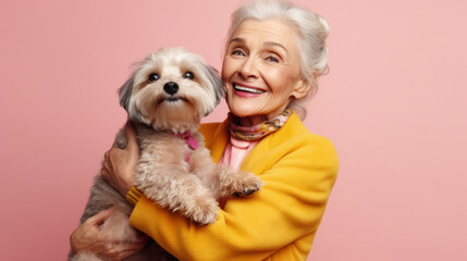 A pretty senior woman in vibrant attire embraces her loving dog with pure delight on a light pink studio background. Generative AI