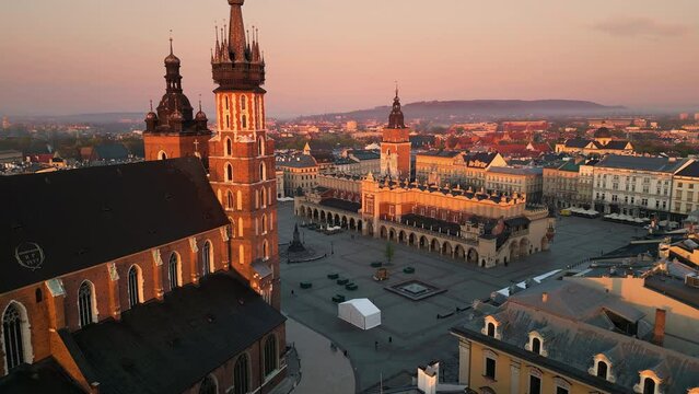 krakow city aerial view drone old town square seen from the window opening on historic center and saint mary basilica