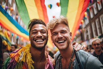Naklejka premium Charismatic queer friends celebrating pride month at a pride parade, LGBTQ+ individuals, Generative AI