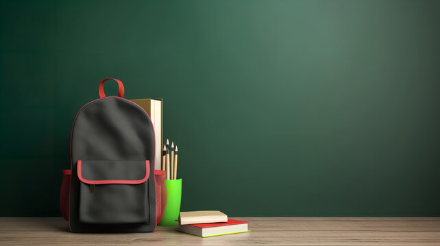 black backpack with red lines and school supplies on table against wall, banner free space, back to school theme concept
