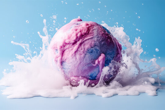 One bath bomb with foam and splashes. Water bombshell, creative wallpaper in pink blue colors. Close-up, concept of handmade bombs. Generative AI professional photo imitation.