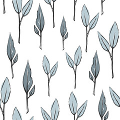 Cute vector hand drawn botanical seamless pattern. Many thin small leaf twigs. Outline pastel plant print. Vintage scandinavian style natural art design. Trendy contour element. Tea packaging layout