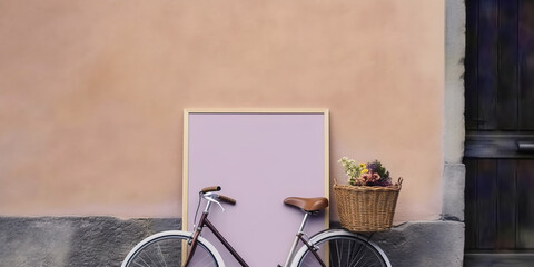 Vintage bicycle with a basket of flowers on a concrete wall. Pastel color street mockup with frame, place for text. outdoor view. generative ai