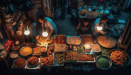 Colorful street market offers fresh Asian cuisine generated by AI - obrazy, fototapety, plakaty