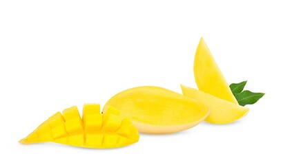 Mango fruits with slices and leaves isolated on white background.