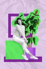 Creative abstract collage template graphics image of happy smiling lady sitting under house plant iisolated colorful background