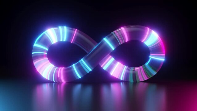 Glowing neon Infinity symbol. Seamless loop 3D render animation