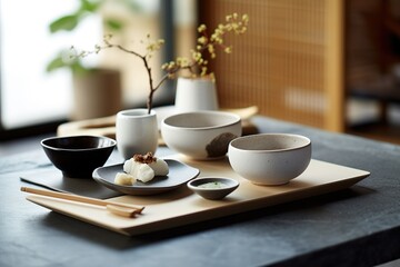 Obraz premium Modern asian tableware on the dining bar table. Japanese modern style sushi bar mes en place - Generative AI