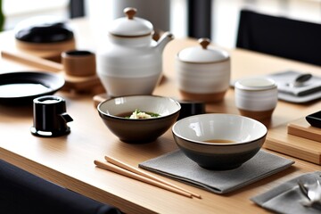 Traditional Asian Tea Set - ceramic teapot and teacups for tea ceremony on a wooden table - Generative AI