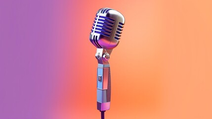 Studio microphone on a purple-orange background. Generative AI