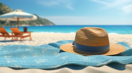Obraz na płótnie Canvas Straw hat and blue towel on the beach near the sea. Generative AI