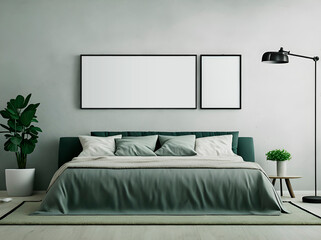 Modern interior of bedroom, two empty picture frame mockups hanging on gray wall, contemporary design, AI