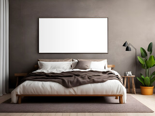 Contemporary interior of bedroom, empty picture frame mockups hanging on the wall, AI