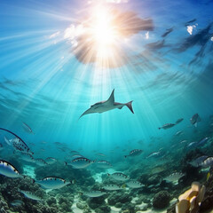 Obraz premium Generative AI, A ramp swimming under the water with sun shining on it. 