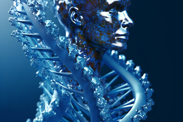 Generative AI, A blue sculpture of a human with a dna strand.