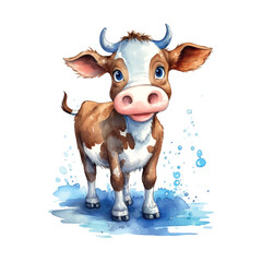 Cow watercolor tender warm colors, appeasement, pasture, white, brown, full height, nature, farm, agriculture, village, farmer, care, milk. Animals concept. Vector illustration.