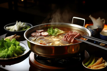 A pot of hot pot with a plate of food on it, Generative AI. 