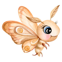 Cute Moth cartoon.  Funny baby butterfly hand drawn watercolor illustration - 602990789
