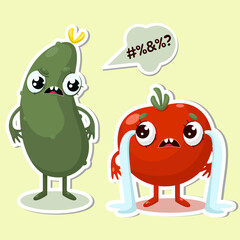 Angry cucumber and crying tomato character sticker